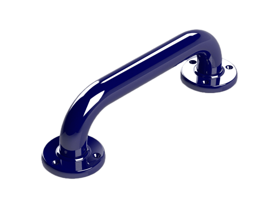 Blue grab bar with a high-gloss finish for use in accessible bathrooms.
