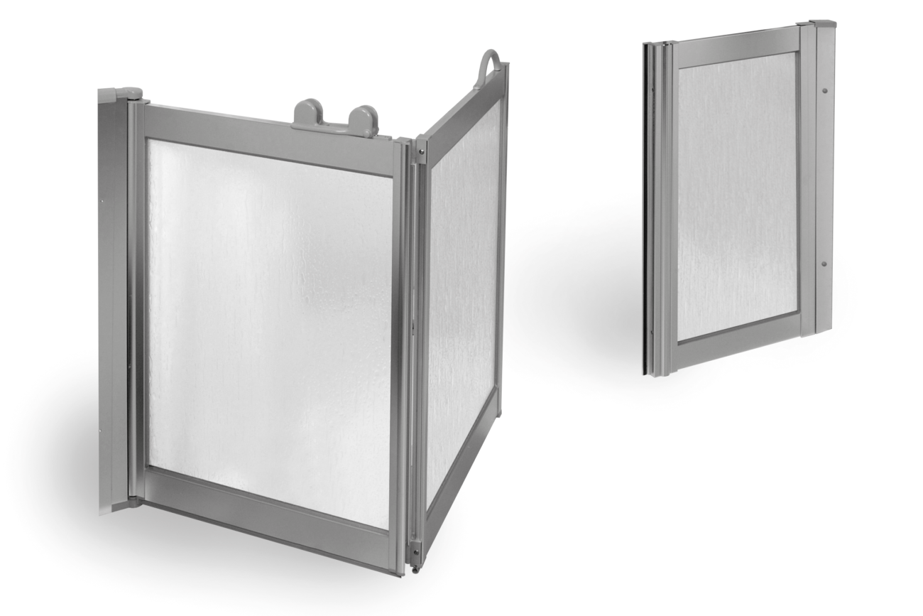 Foldable shower screens with textured panels, ideal for adaptive bathroom setups to aid accessibility.