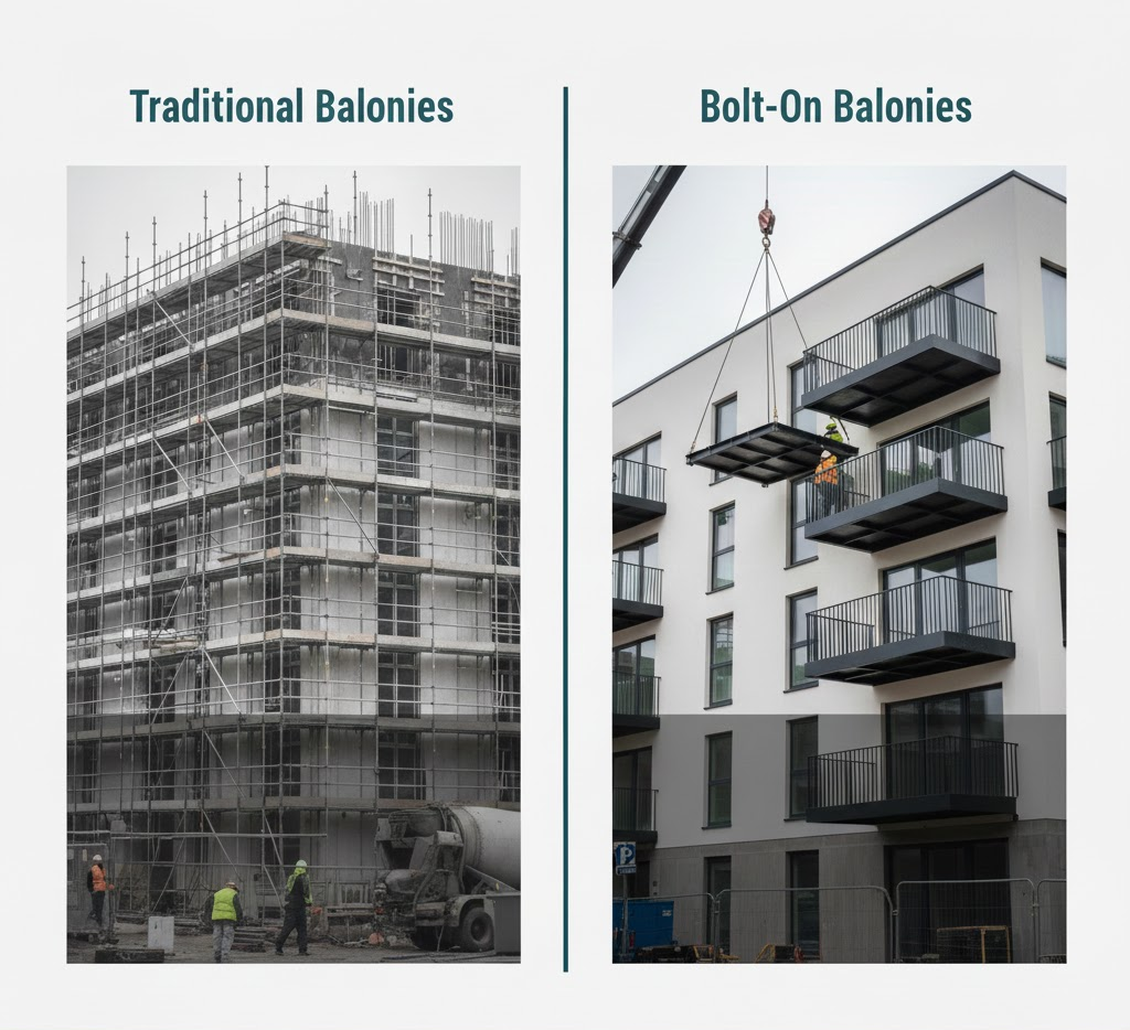 odern apartment complex with sleek black bolt-on balconies illustrating the 30-day installation time saving and improved project ROI.