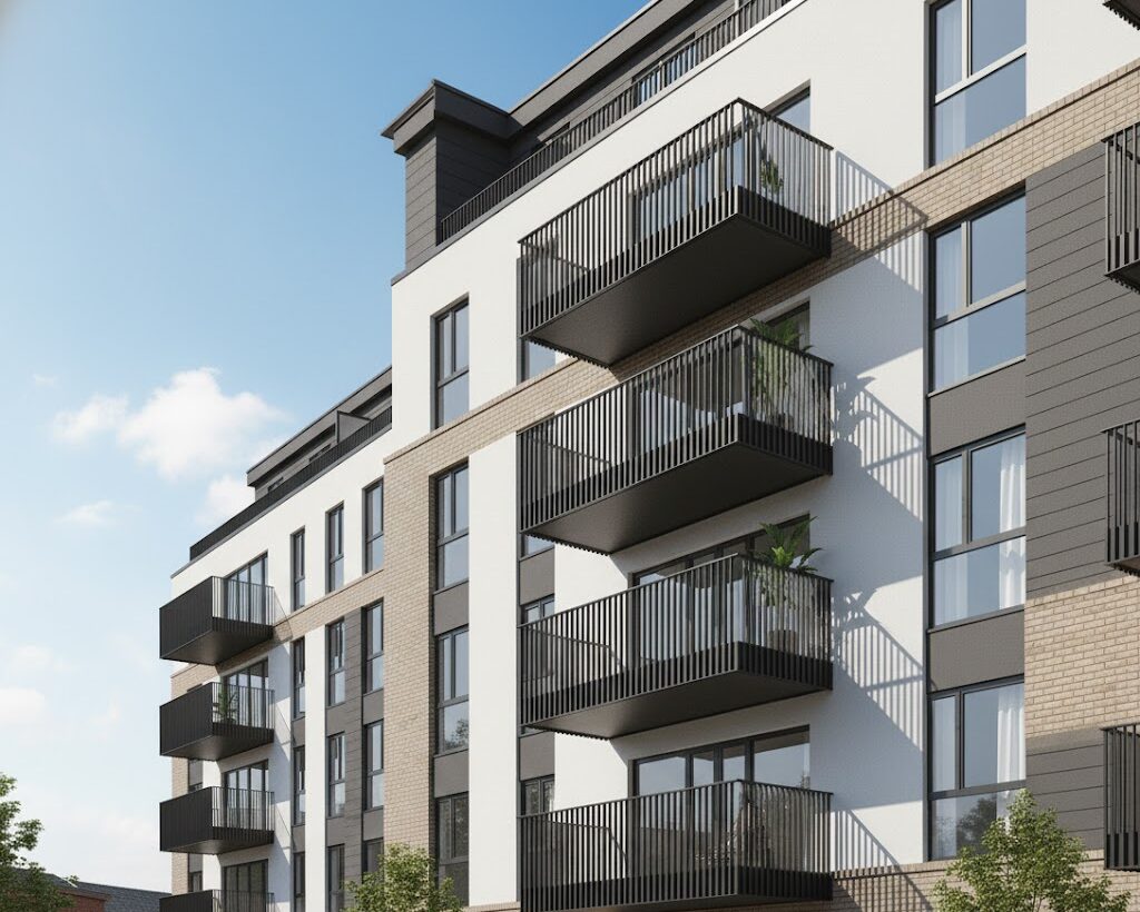 Modern residential apartment building featuring Neaco Infinity range black modular bolt-on balconies with vertical bar infill and sleek aluminium finish.